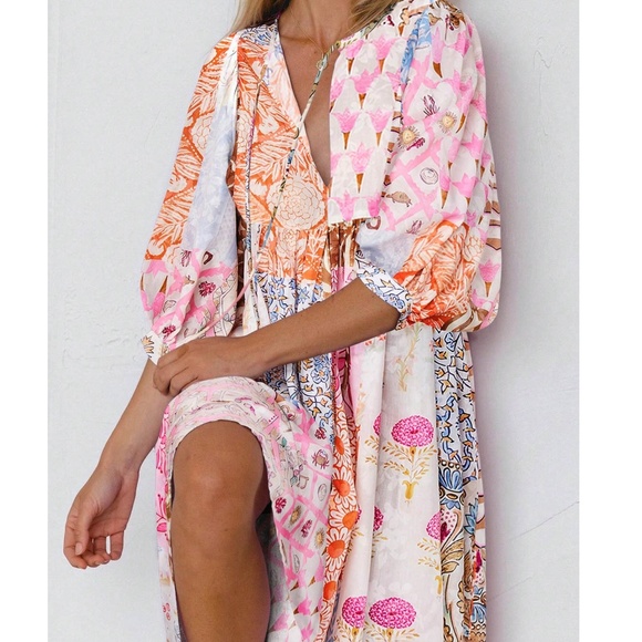 Boho Floral Print Patchwork Balloon Sleeve Pockets Dress